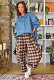 Nora Brushed Cotton Gingham Classic Barrel Pant Coffee Bean